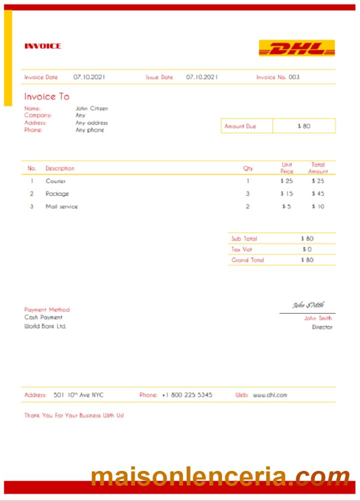 USA DHL faktura słowo i PDF szablon